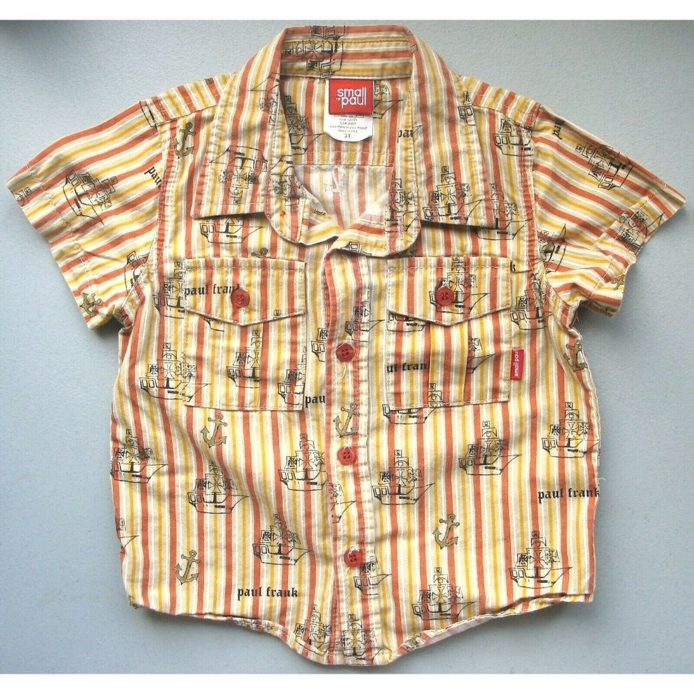 Paul Frank Pirate Ship Anchor Button Up Toddler Shirt 3T Stripes USA 2005 Small